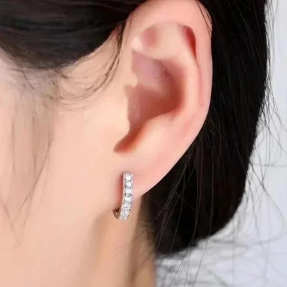 NEW 925 STERLING SILVER HOOP DIAMOND EARRINGS, BEAUTIFUL EARRINGS, CUTE EARRINGS - Picture 3 of 5